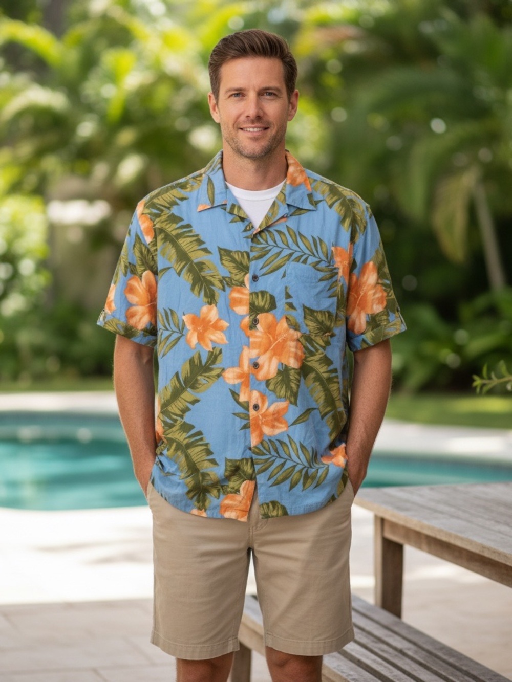 Panama Jack XL Blue Palm Leaf Orange Hibiscus Flower Rayon